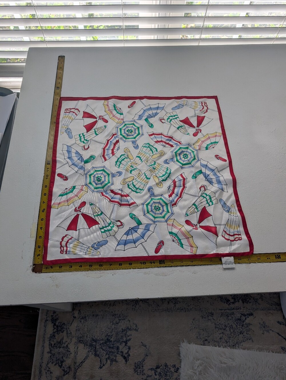 Vintage 100% Silk Beach Umbrella Scarf Square Red Border Resort Coastal 26x26 - Picture 6 of 7